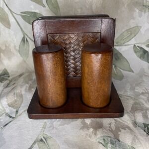VTG MCM Wooden Salt Pepper Shakers Napkin Holder Set Farmhouse Kitchen Thailand